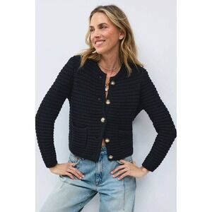 ba&sh Gaspy Black Textured Knit Cardigan Gold Button Front XS shrunk
